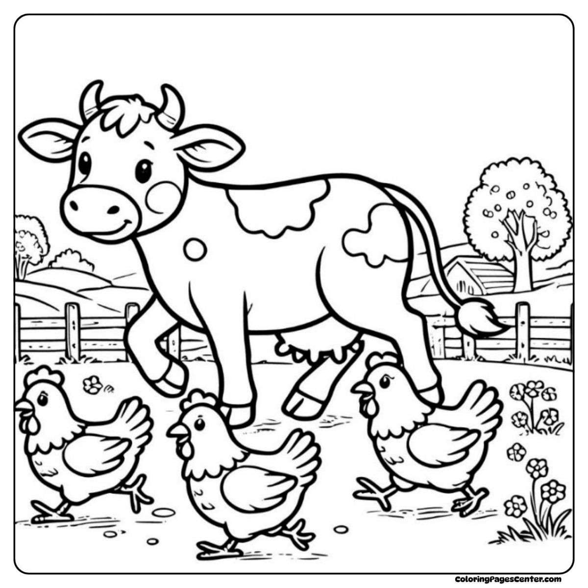 A holstein cow coloring page where the cow walks happily among the farm’s lively chickens