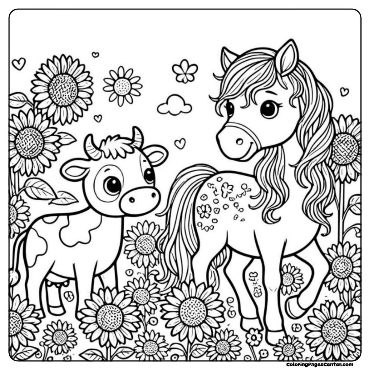 Charming horse and cow coloring picture among blooming sunflowers