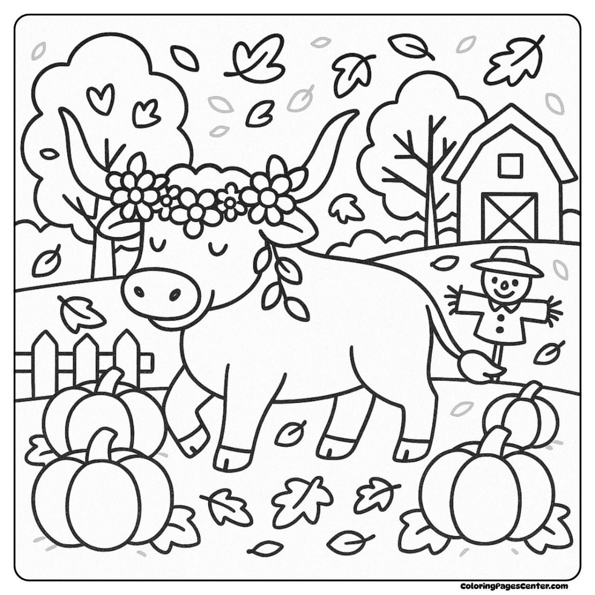 A playful longhorn cow coloring art with pumpkins, leaves, and a scarecrow