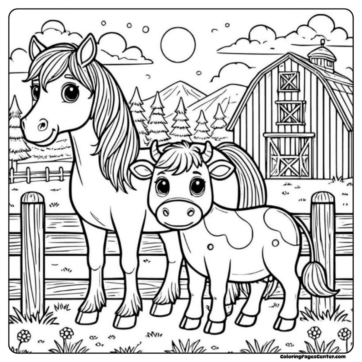 Farm horse and cow coloring sheet with mountains and wooden fence