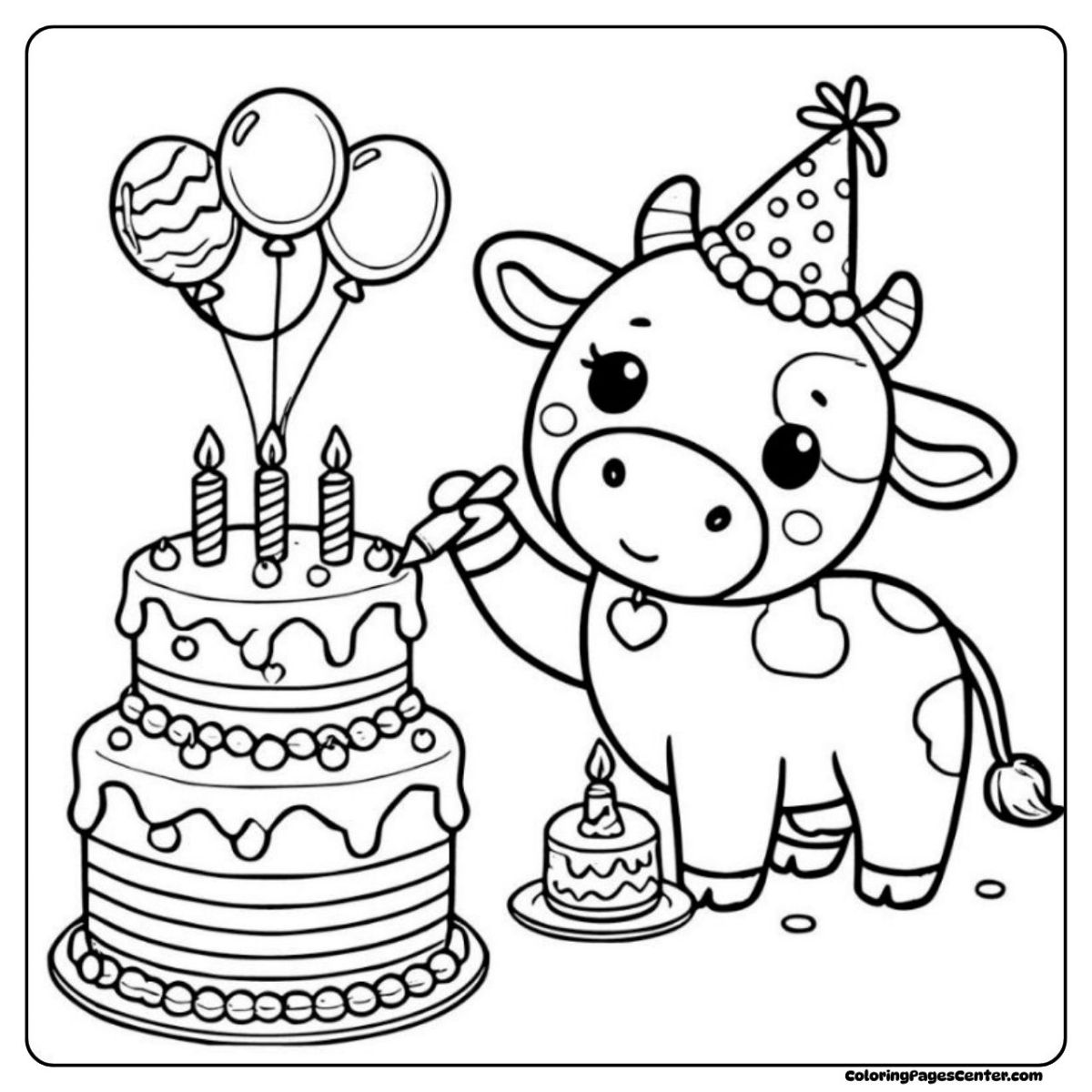 Birthday Cow Coloring Image with Party Balloons and a Tall Layer Cake Happy Birthday Cow Coloring Picture, Big Cake, Balloons, and Party Scene
