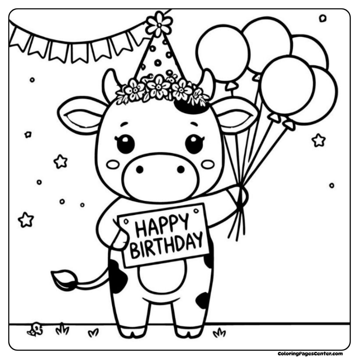 Birthday cow coloring page with balloons and a sign for happy wishes Cow coloring sheet for birthdays, holding balloons and a cheerful birthday greeting