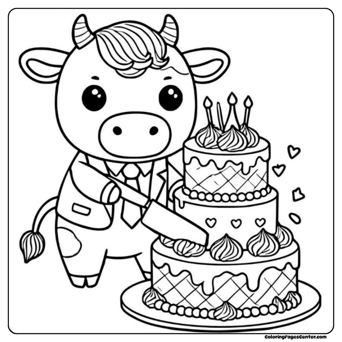 Cow coloring page for birthdays, slicing a tall cake at a party full of smiles