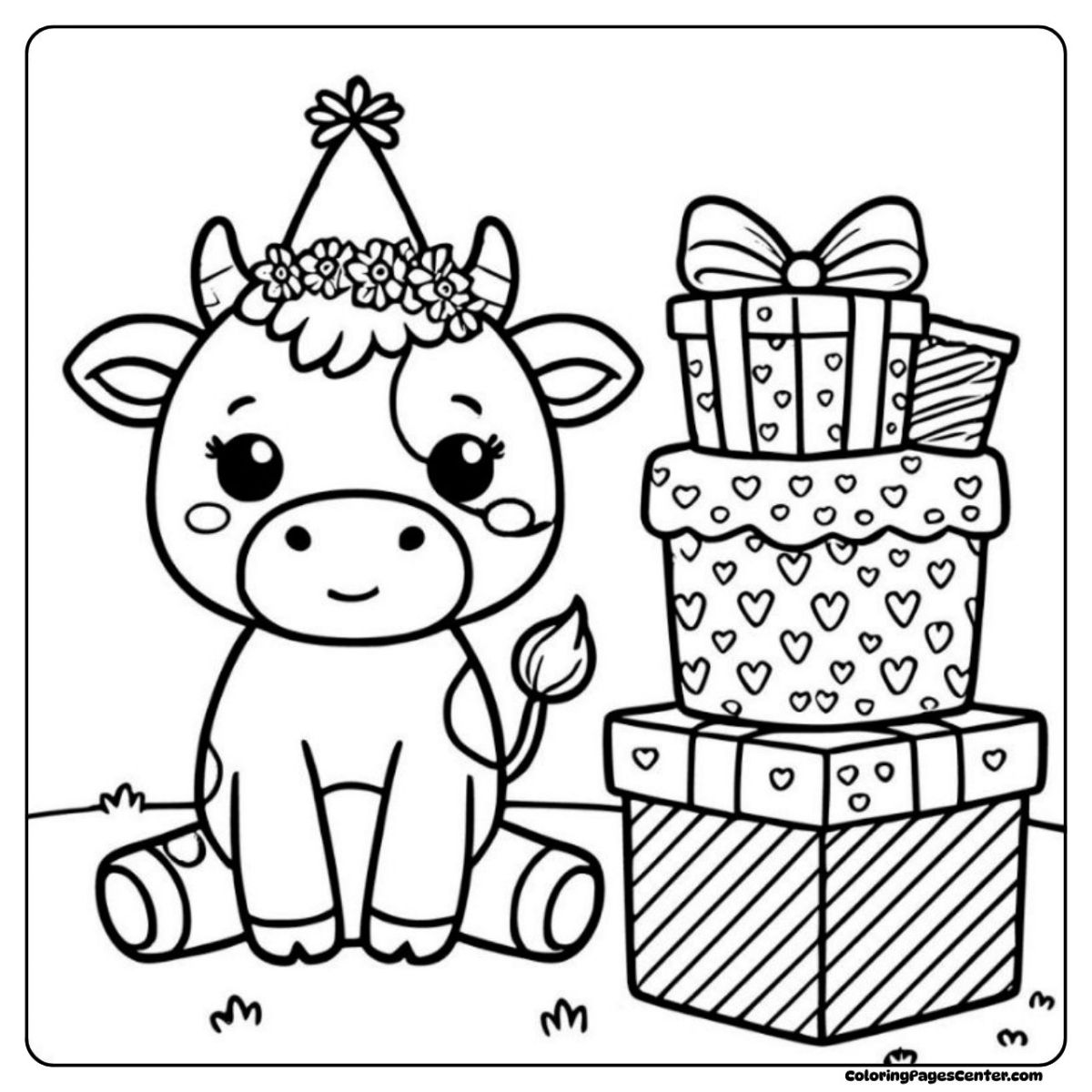 Birthday cow coloring page with flower crown and stacked presents Cow with party hat coloring page, surrounded by bright birthday gift boxes