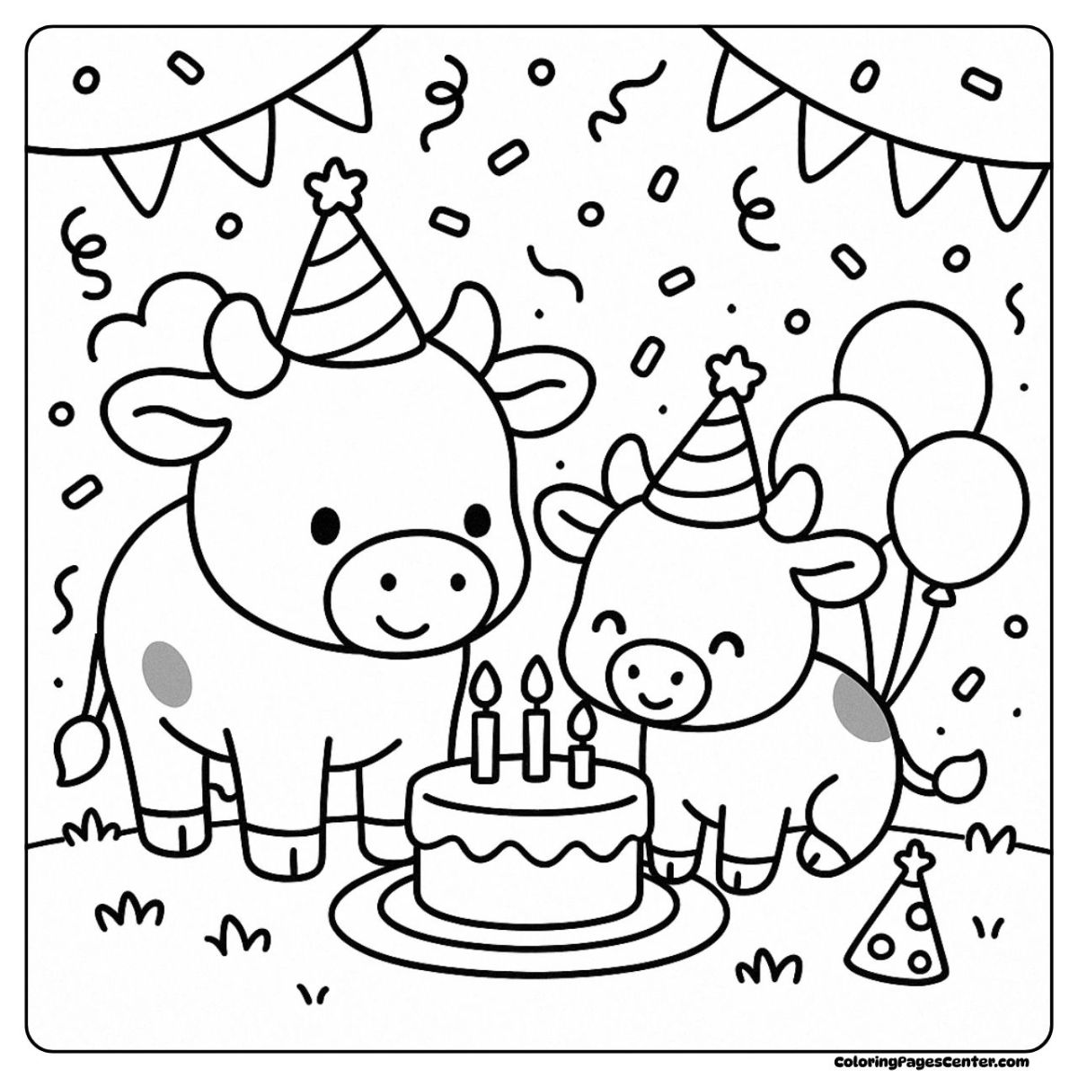 Cow and calf coloring page with hats and cake celebration