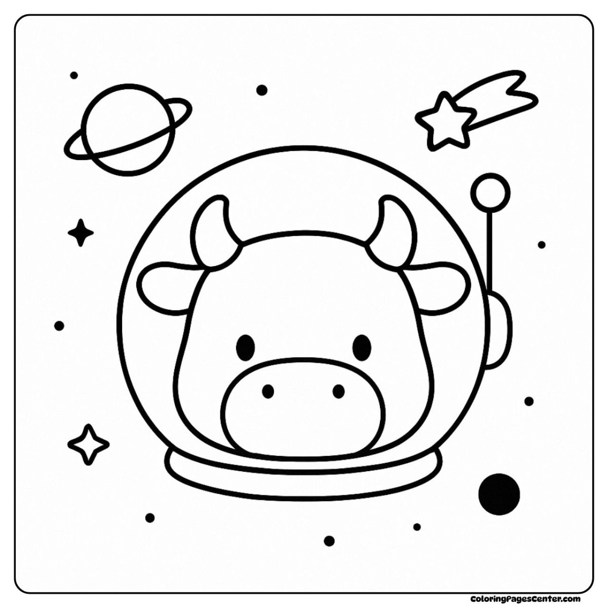 Space-themed cartoon cow coloring pages floating in stars