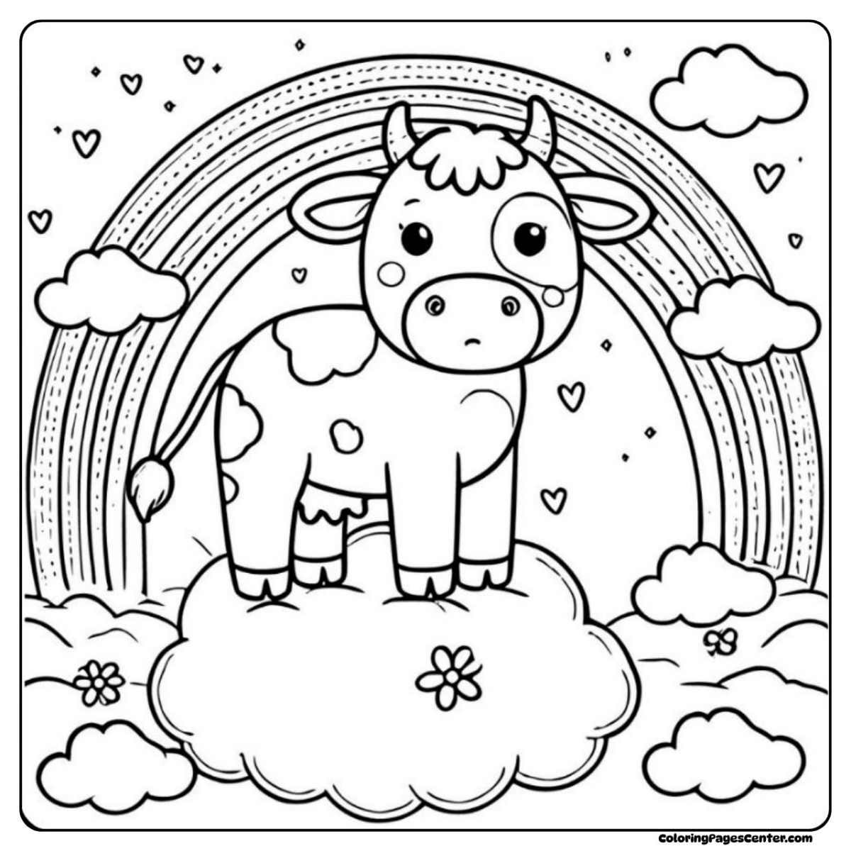 A cartoon cow coloring page floating with rainbow and hearts