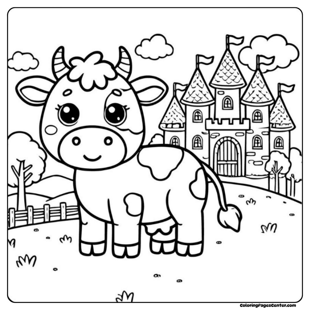 A cartoon cow coloring page with a dreamy castle backdrop