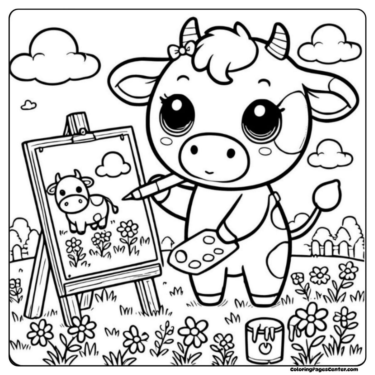 A cartoon cow coloring page showing a young cow artist