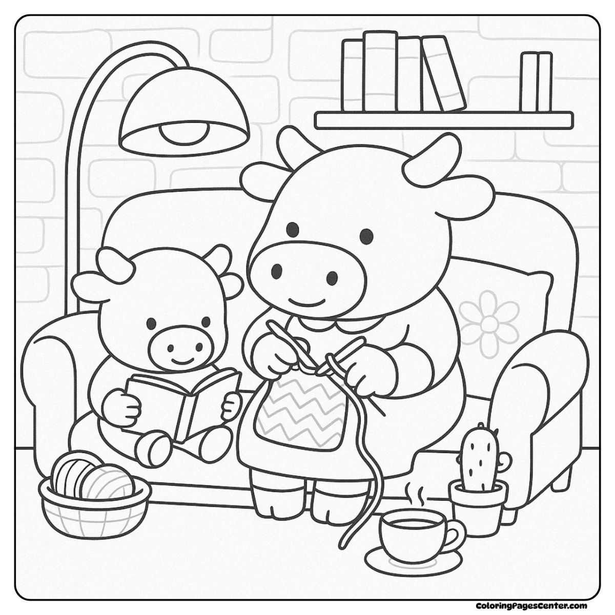 Cartoon cow coloring page with knitting and bedtime reading