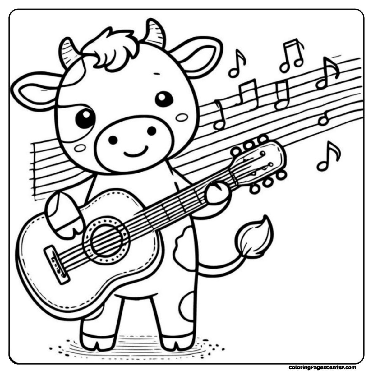 A cartoon cow coloring page with music notes and guitar