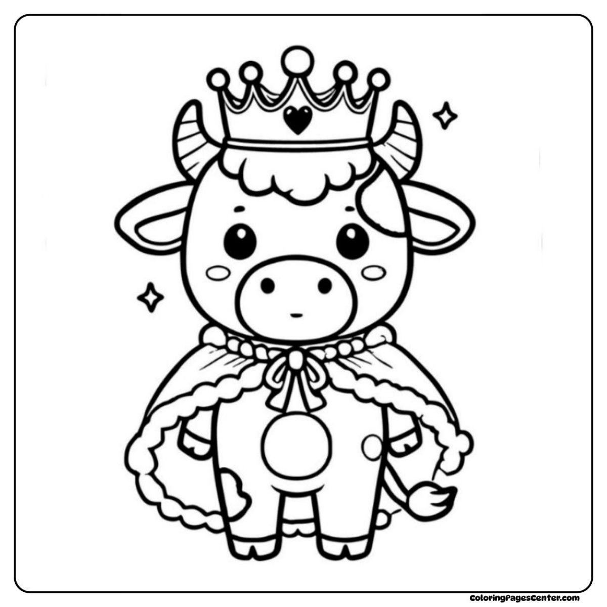 A cartoon cow coloring page dressed like a king or queen