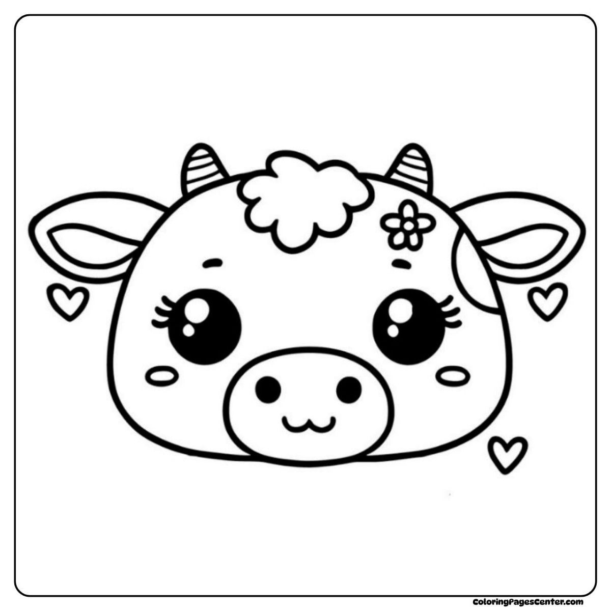 Adorable cartoon cow coloring pages surrounded by hearts