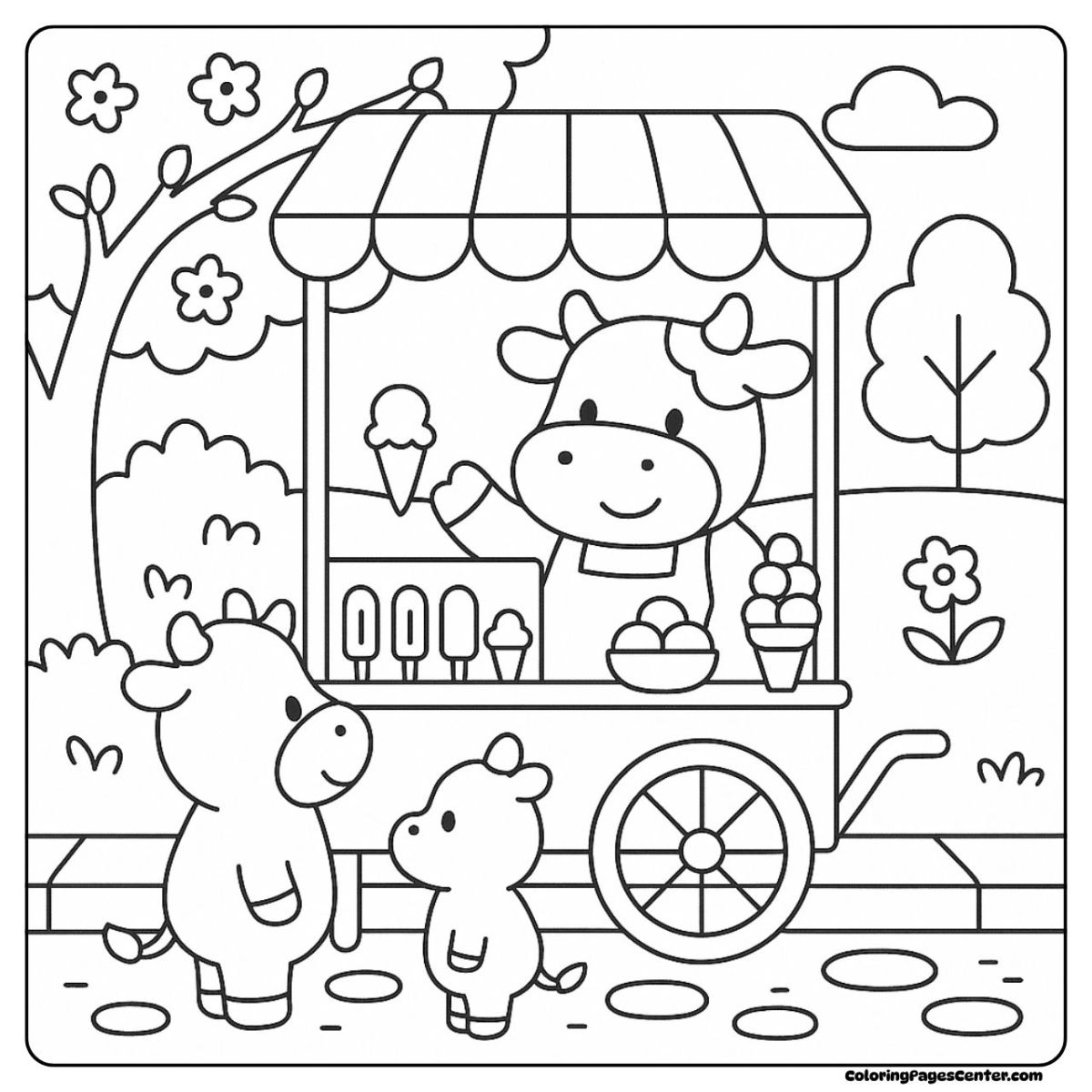A cartoon cow coloring page with ice cream stand and kids