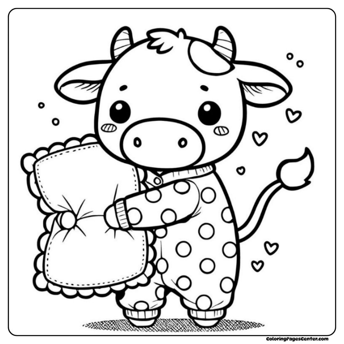 A cartoon cow coloring page with pajamas and cuddly pillow