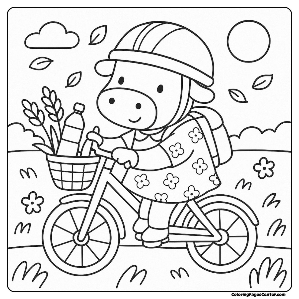 A cartoon cow coloring page with helmet and bike ride