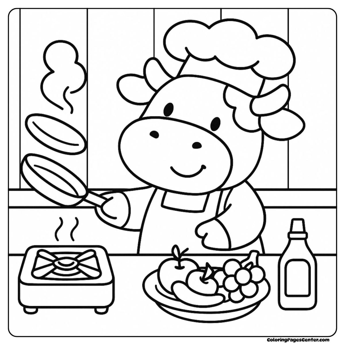 A cartoon cow coloring page showing breakfast cooking fun