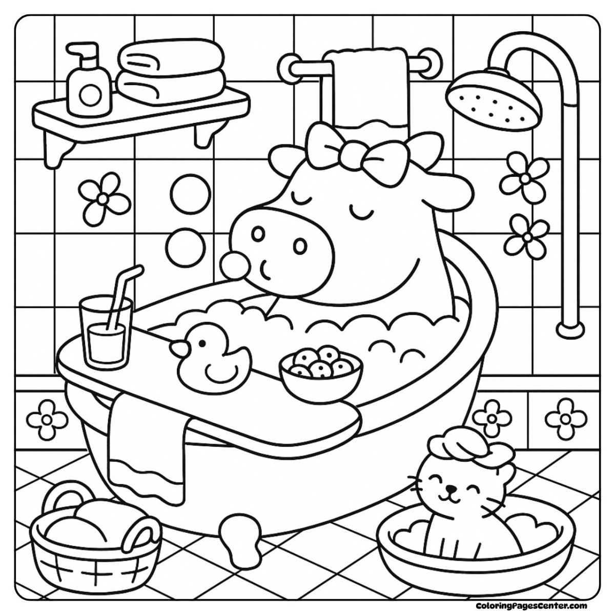 A cartoon cow coloring page with bath bubbles and a duck