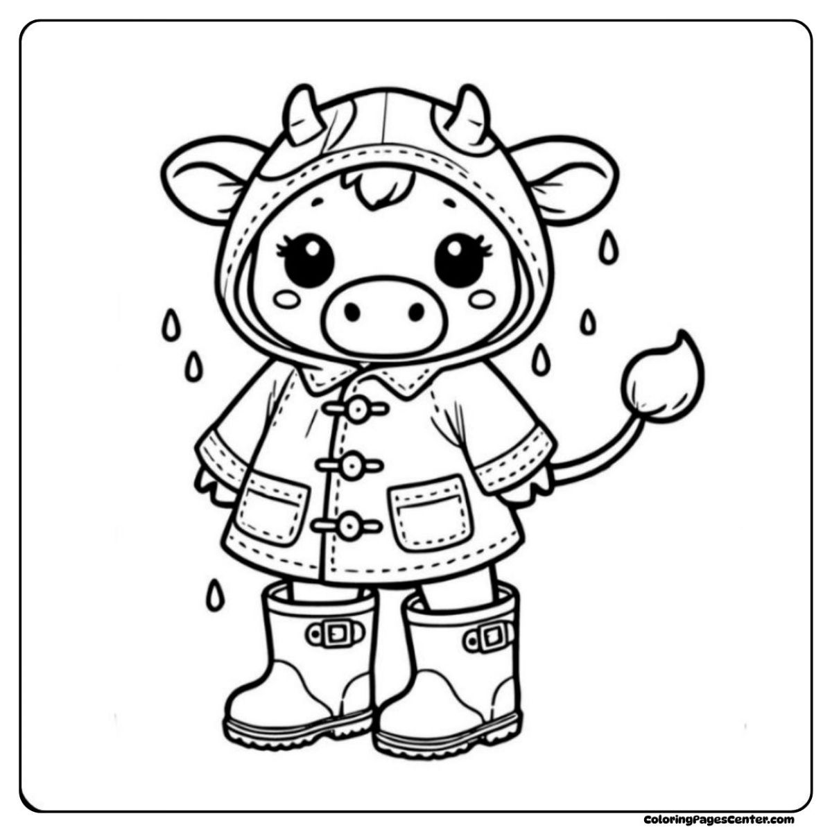 A cartoon cow coloring page wearing boots and raincoat