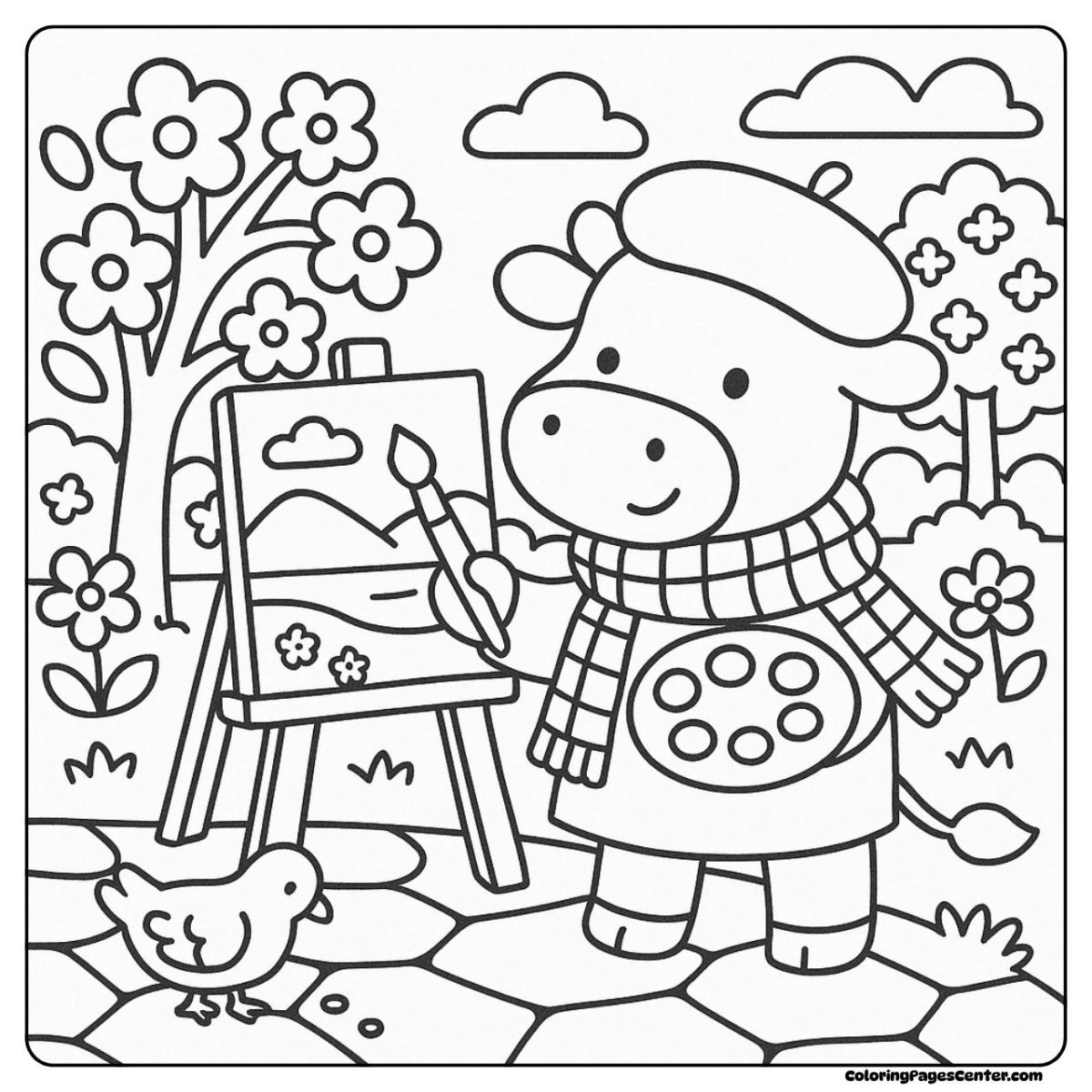 A cartoon cow coloring page with paintbrush and spring scene