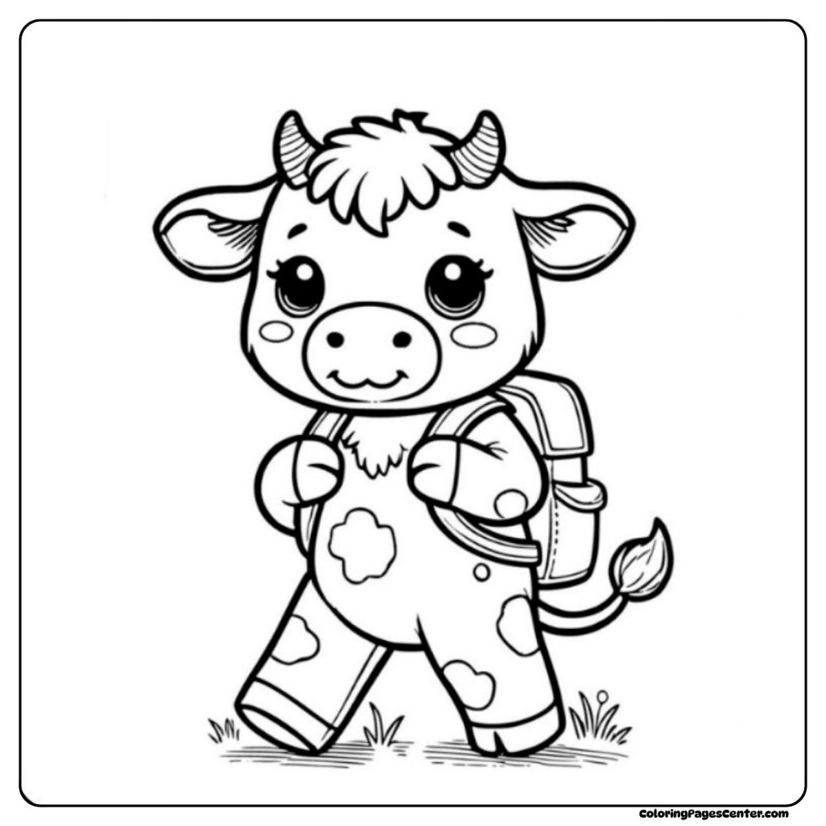 A cartoon cow coloring page showing a happy cow on a stroll
