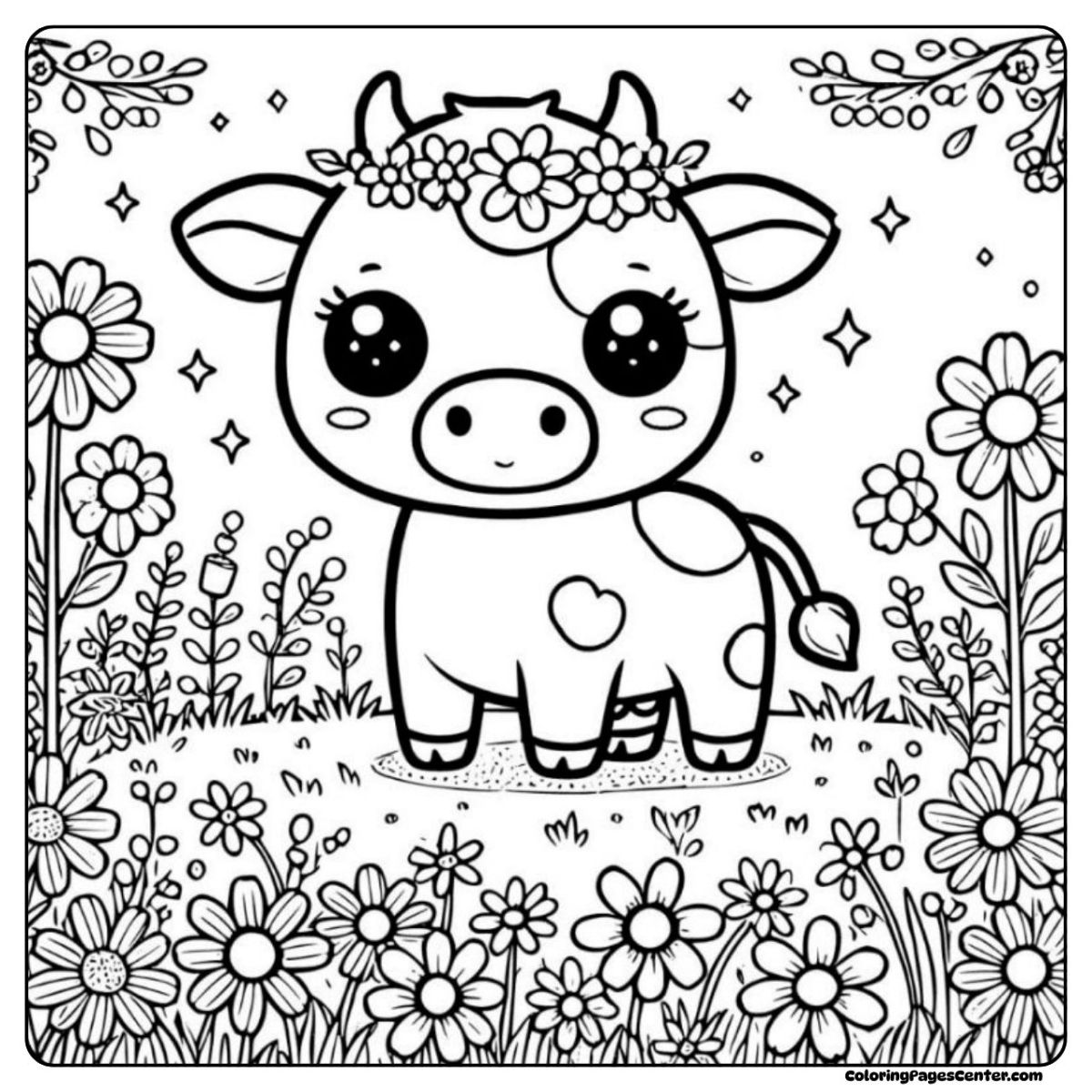 A cartoon cow coloring page surrounded by spring flowers