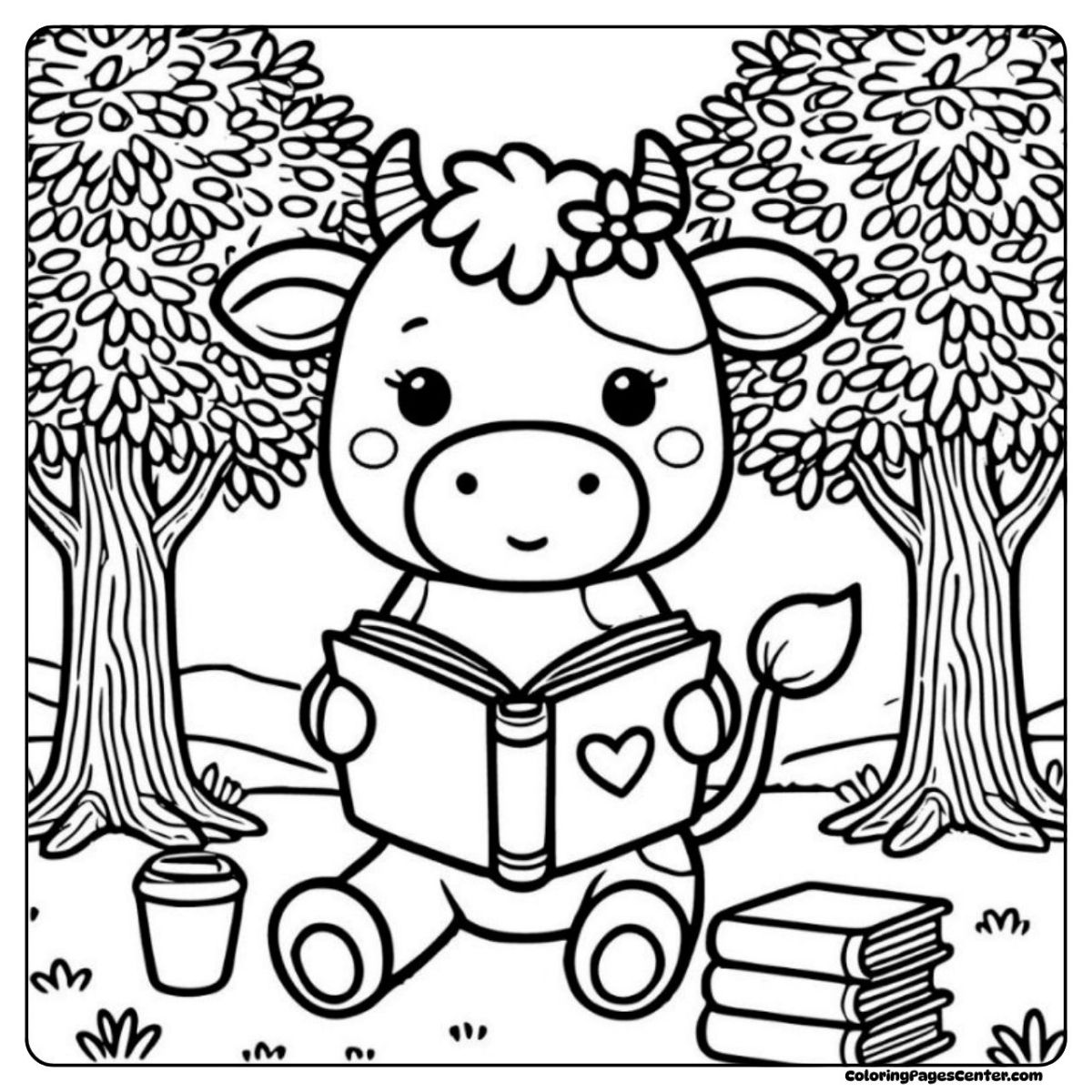 A cartoon cow coloring page enjoying a book under the trees