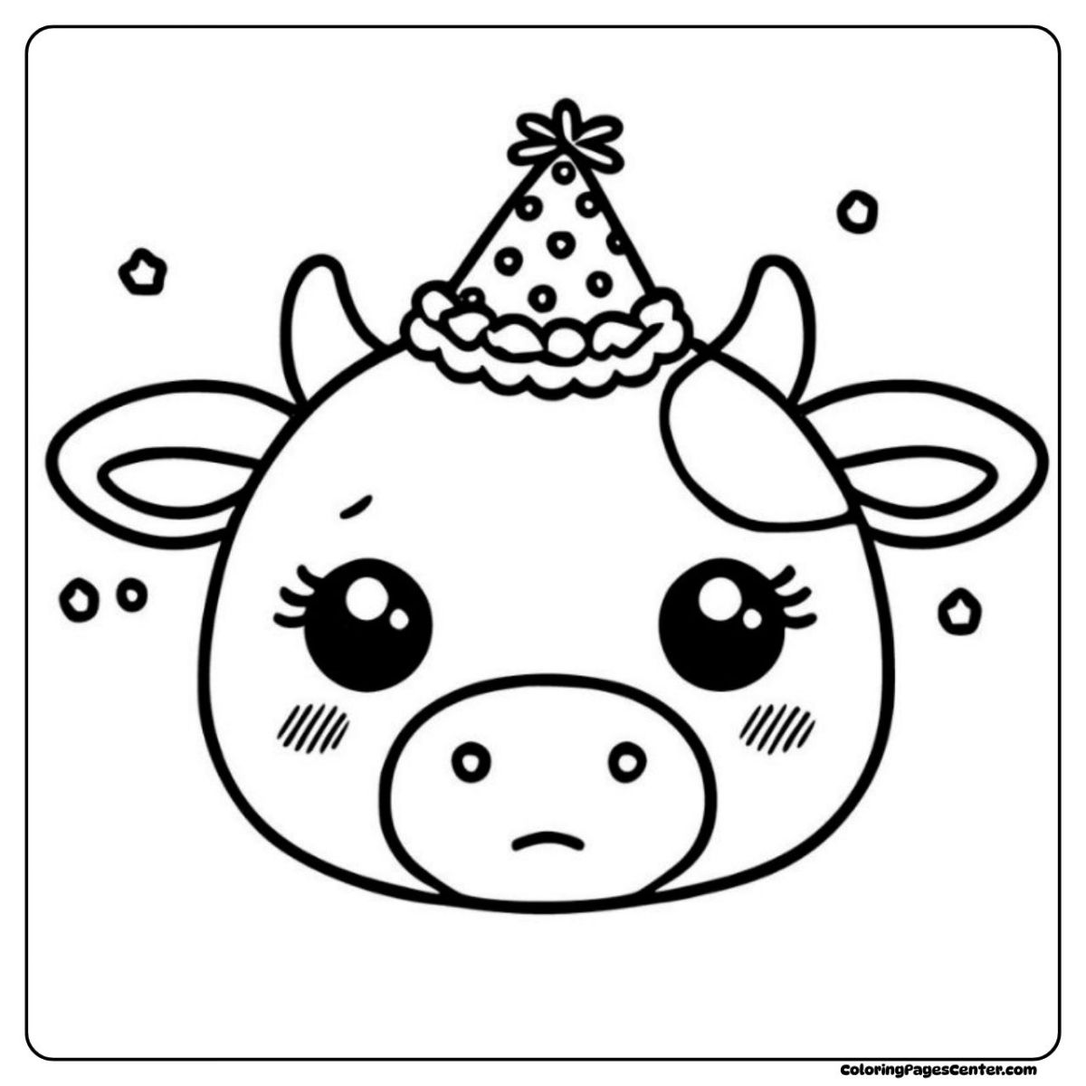 Birthday-themed cartoon cow coloring pages looking shy