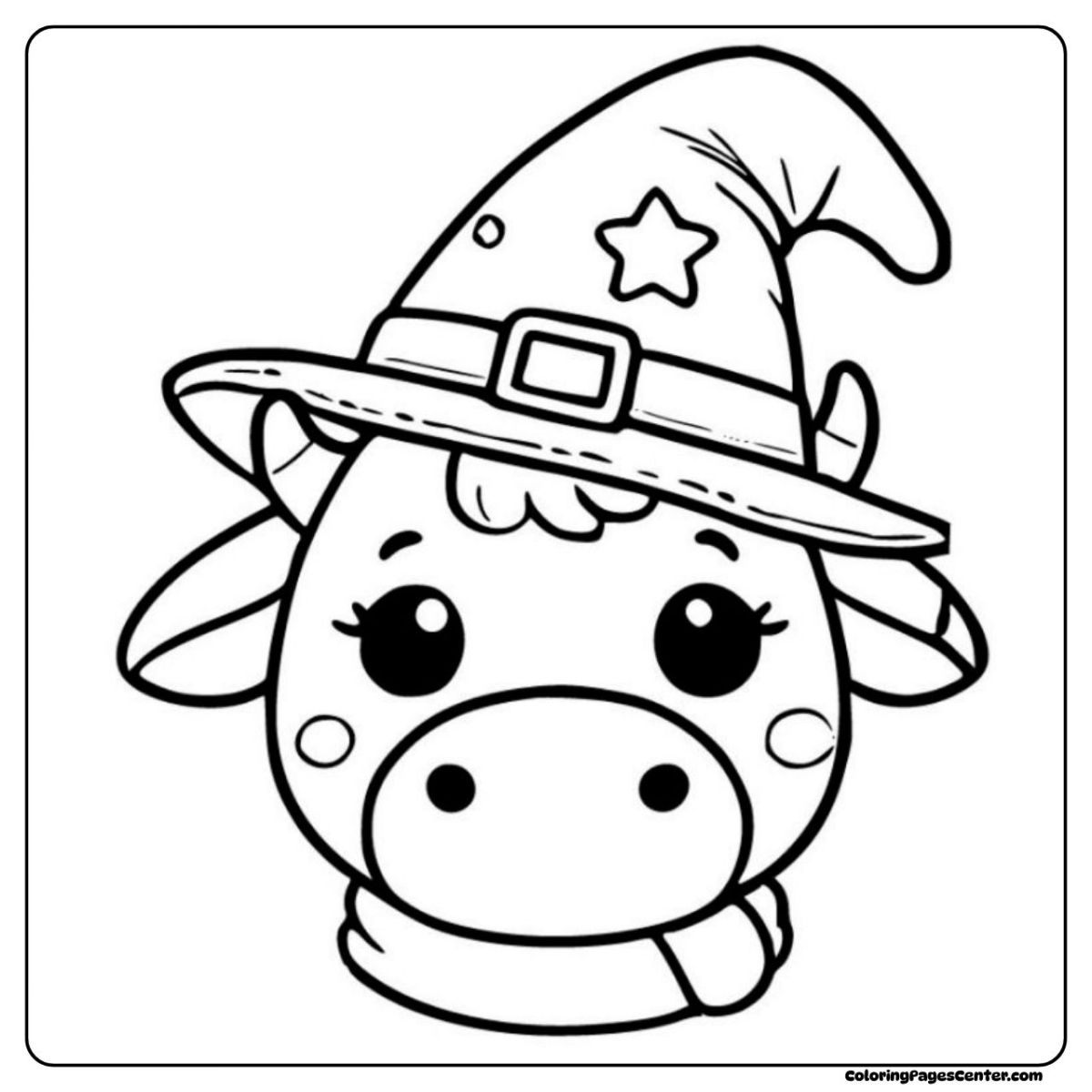 Charming cartoon cow coloring pages in a magical witch hat