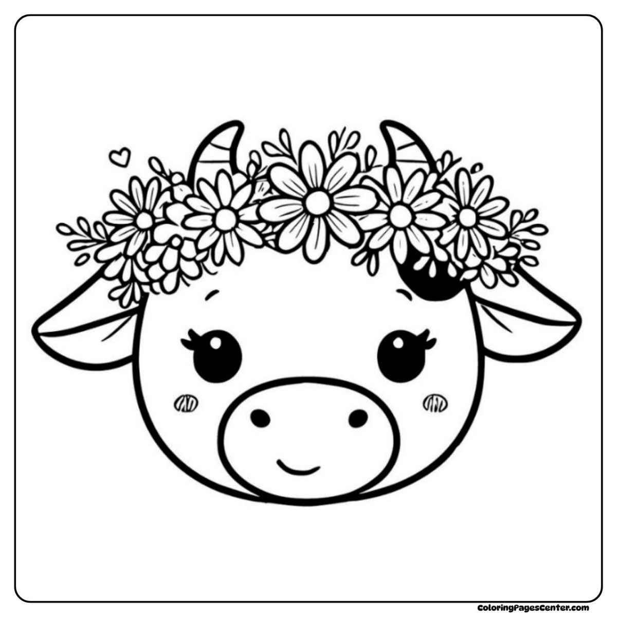Springtime cartoon cow coloring pages with daisy crown