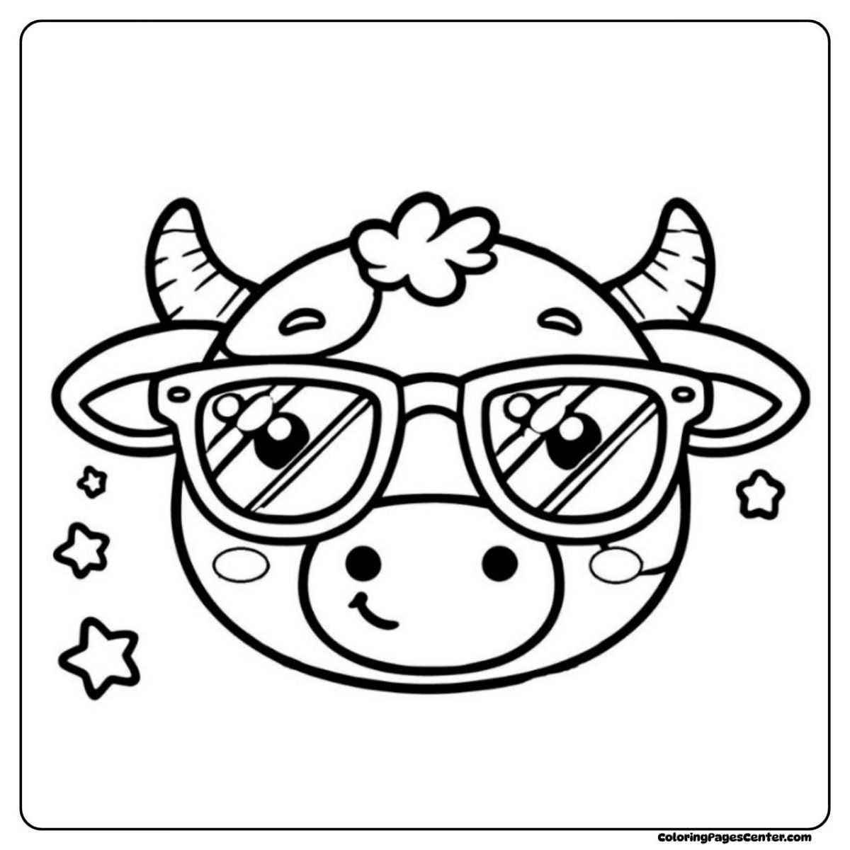 Trendy cartoon cow coloring pages with stars and glasses