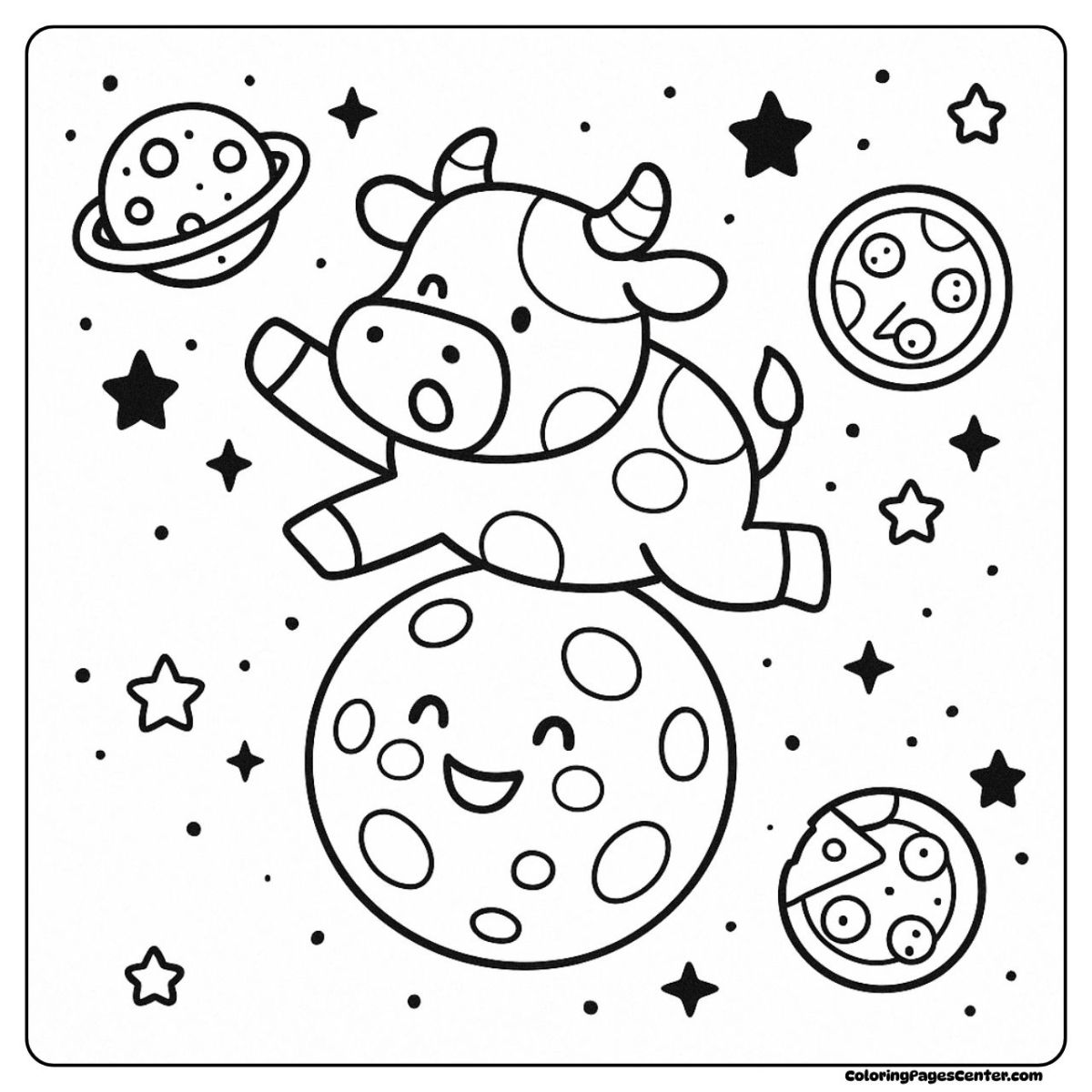 Cheerful cow bounding past the moon as planets giggle softly