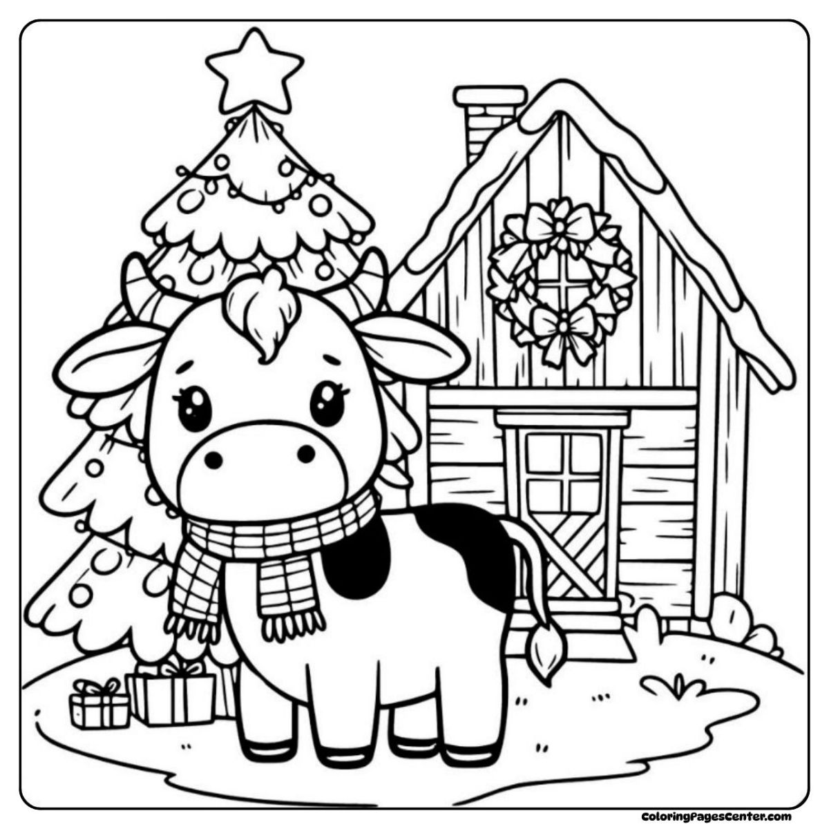 Cow in scarf outside snowy log cabin and tree