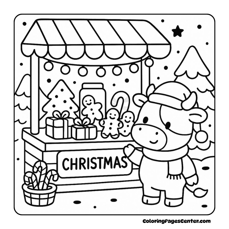 Cow exploring gingerbread-filled Christmas market stand