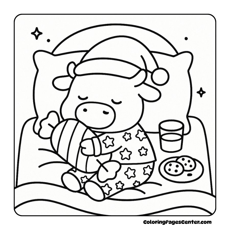 Cow in pajamas hugging candy while resting in bed