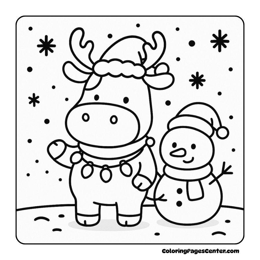 Cow wearing antlers standing next to a snowman