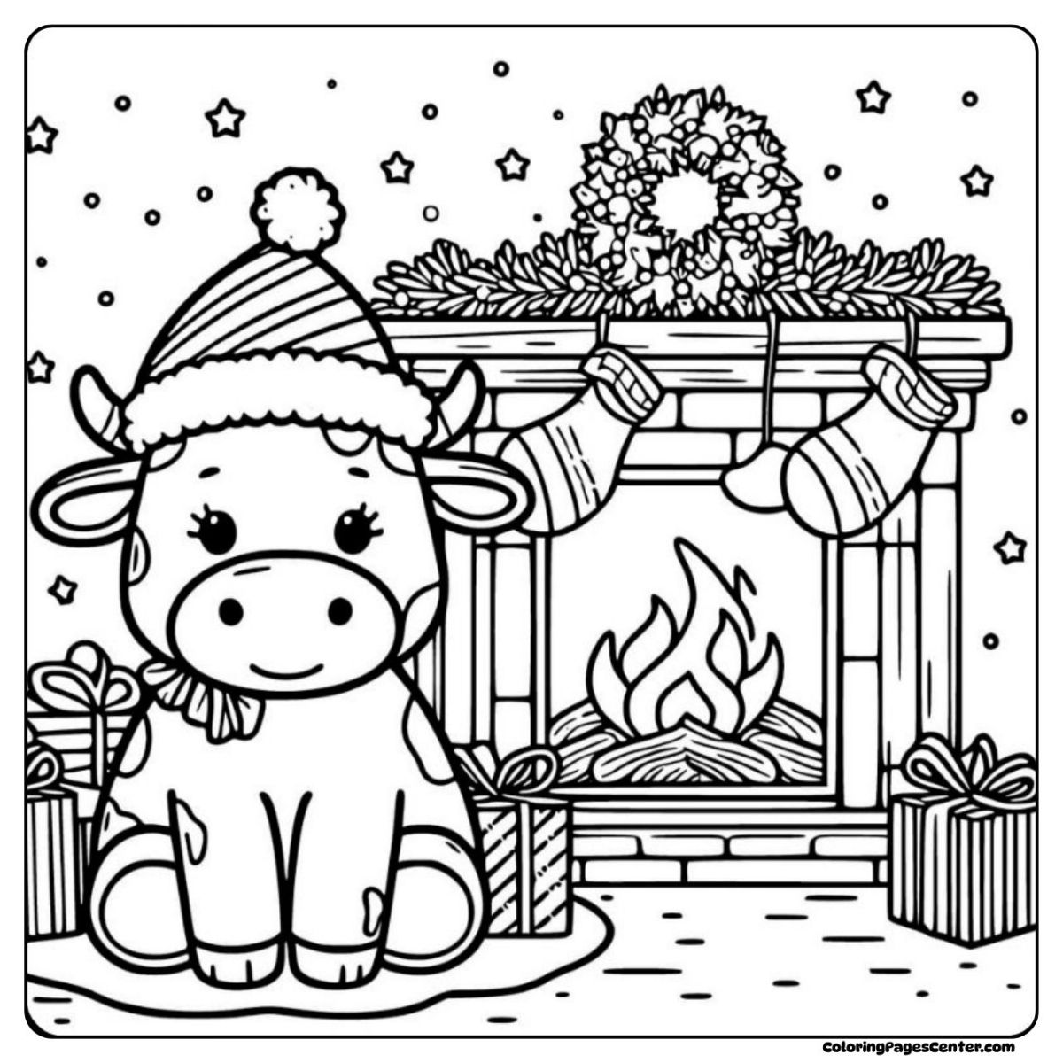 Cow in hat sitting near fire with stockings above