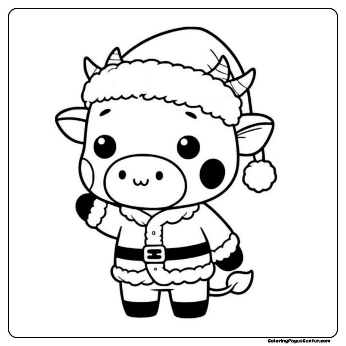 Cow wearing a fluffy Santa suit and waving cheerfully