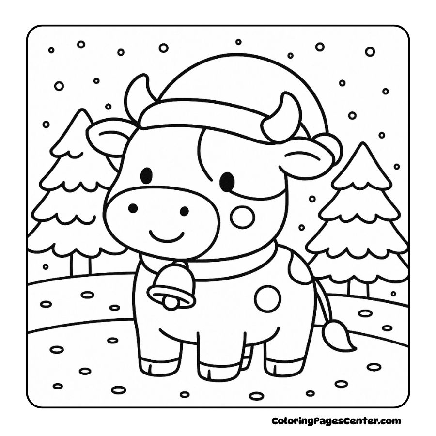 Cow wearing a hat standing in a peaceful snowfield