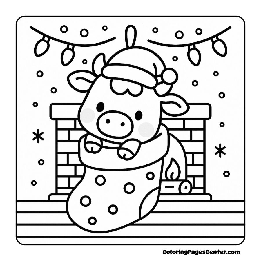 Cow popping out of a festive stocking by fireplace