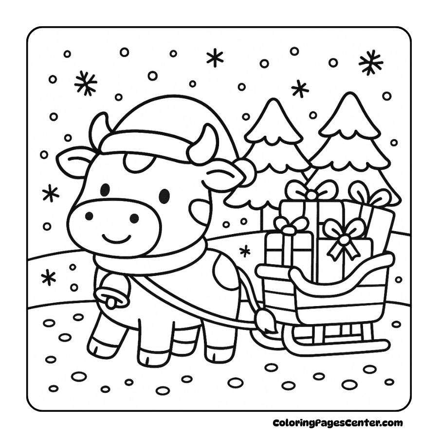 Cow in scarf dragging a sleigh full of presents