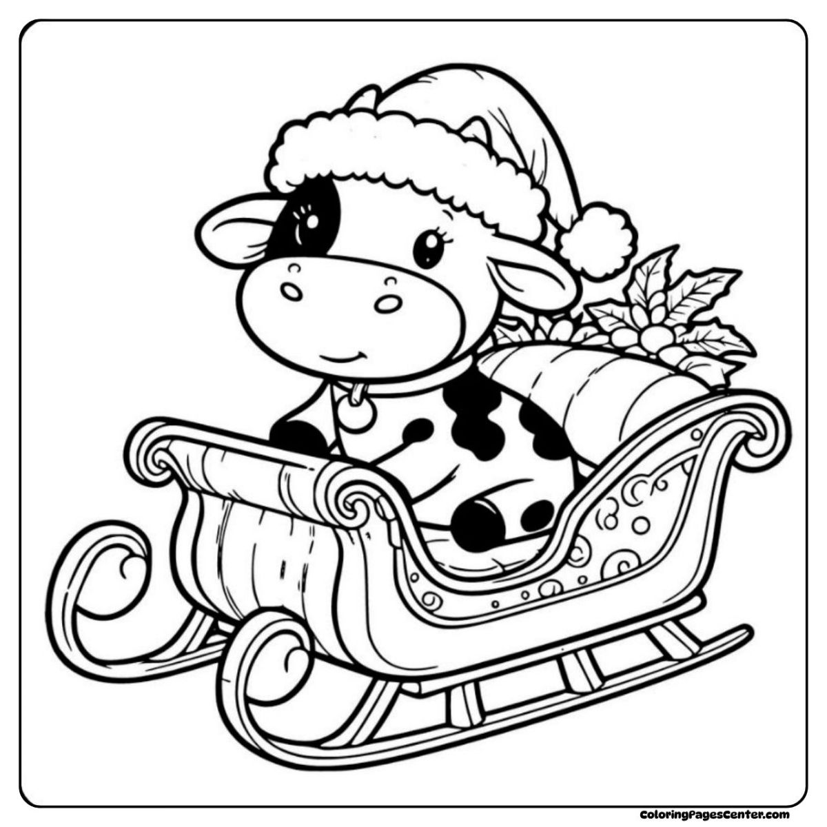 Cow with Santa hat relaxing in a decorated sleigh