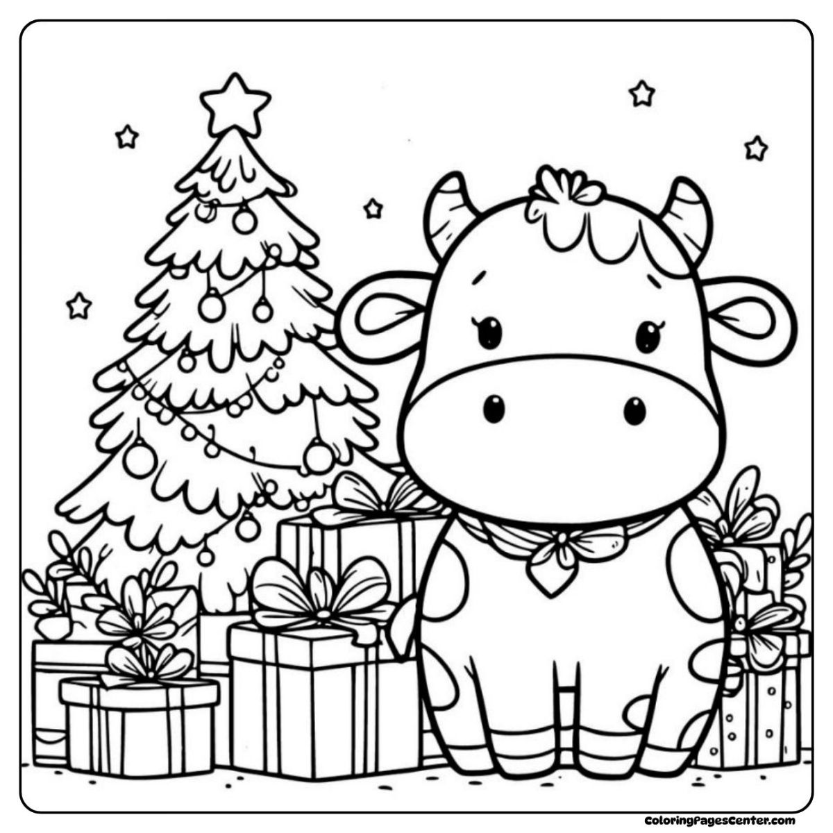 Cow standing by Christmas tree surrounded by presents