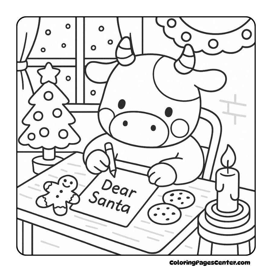 Cute cow writing to Santa by candlelight window