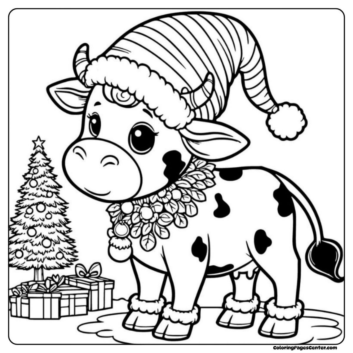Cow in striped hat wearing jingle bell garland