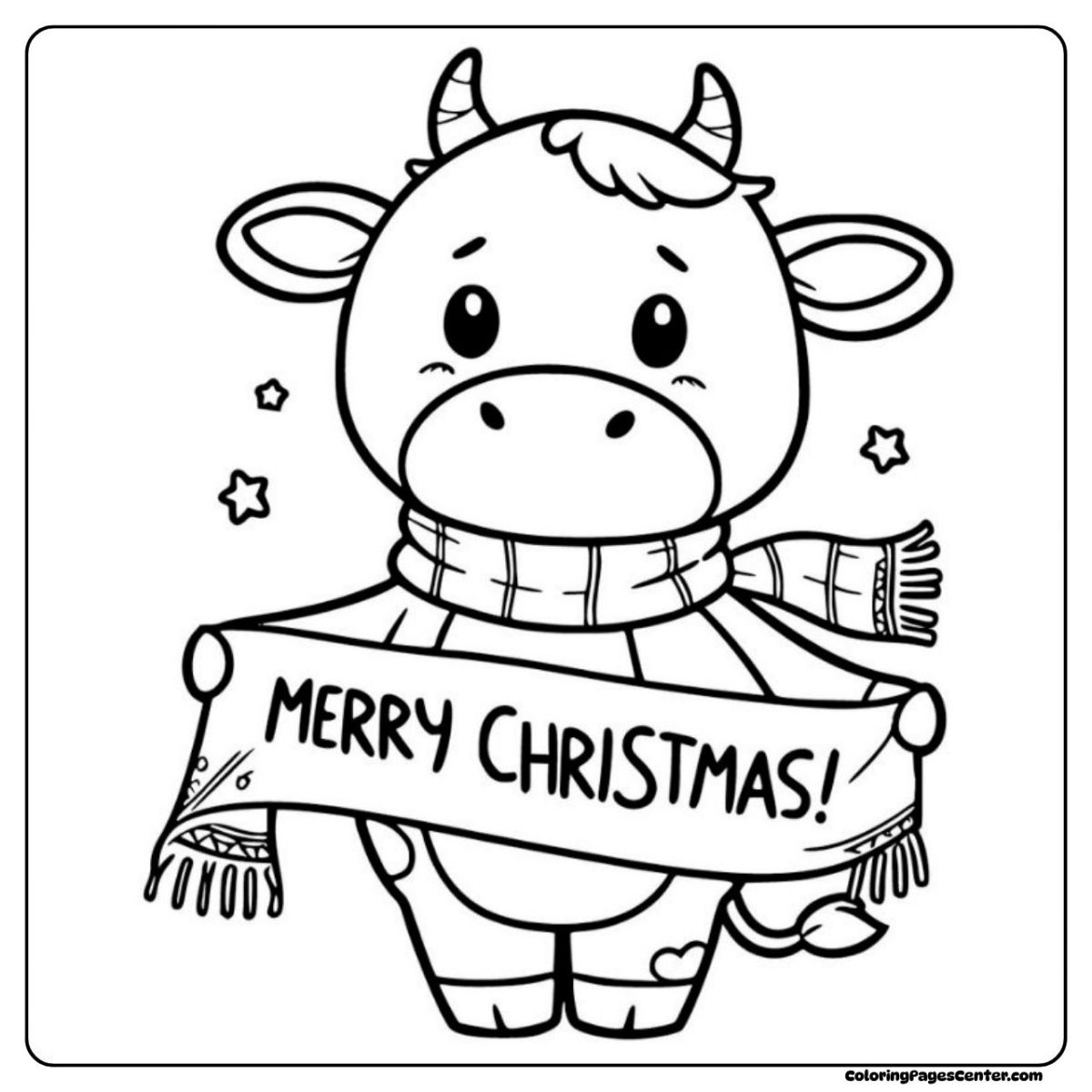 Cow holding a banner that says Merry Christmas