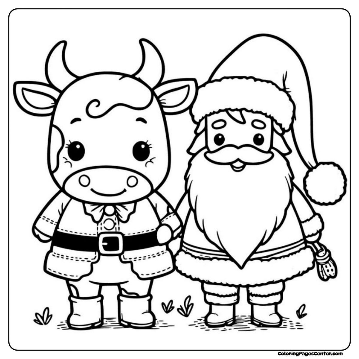 Cow and Santa Claus standing together, holding hands