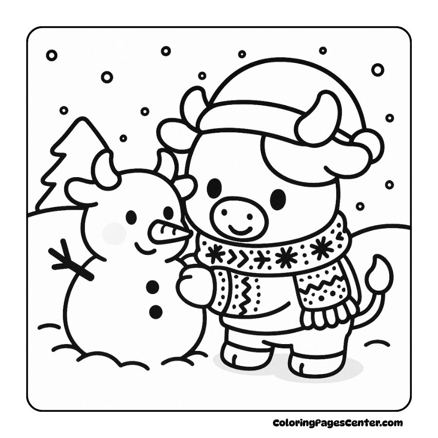 Cow in sweater building a snow cow with carrot nose
