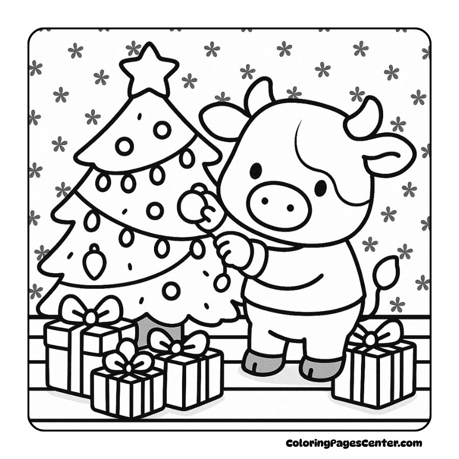 Adorable cow adding ornaments to the Christmas tree