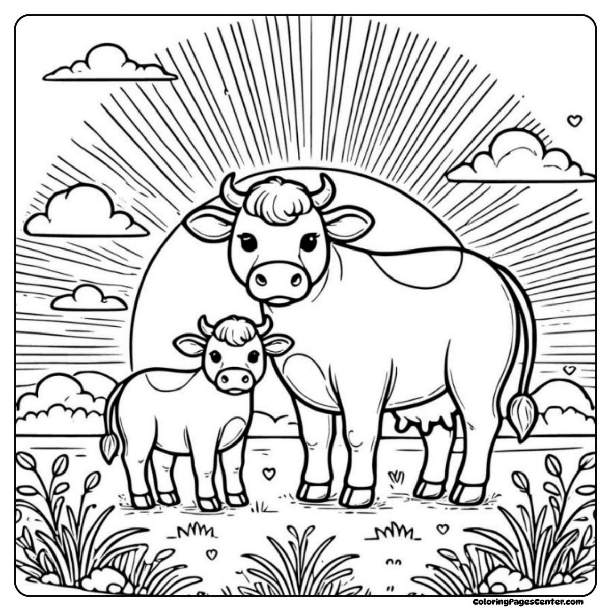 Cow and calf coloring page with sunrise and grassy field